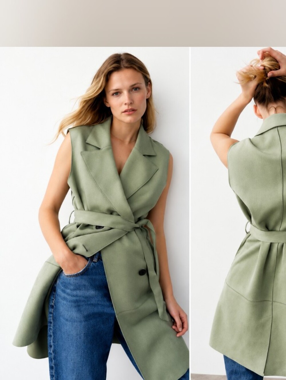 Zara Sleeveless Faux-suede Belted Longline Trench Vest